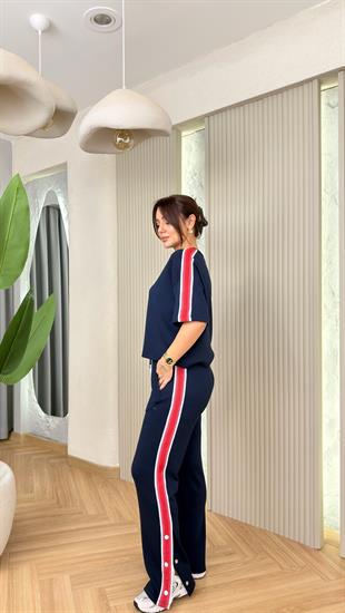 Lacivert Coste Şerit Detaylı Paça Çıtlı Modal Takım 