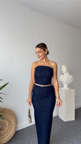 Straplez Arkası Yırtmaçlı Jean Elbise