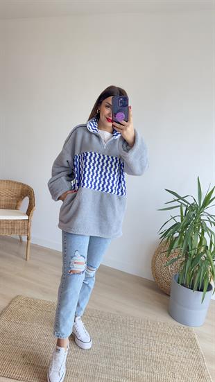 Mavi Desenli Peluş Sweat