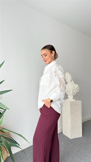 Ekru Frey Dantel Detaylı Gömlek