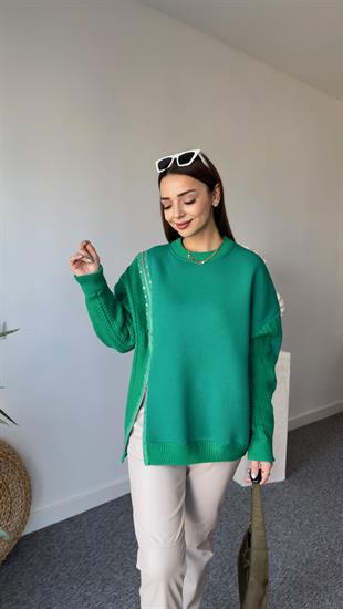Fermuarlı Taş Detay Orj Model Yeşil Tasarım Sweat 