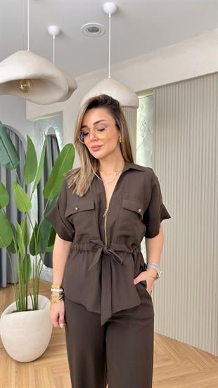 Kahve Sonre Gold Fermuarlı Büzgülü Tensel Takım