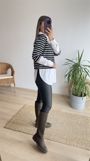 Beyaz Gömlek Detaylı Çizgili Sweat