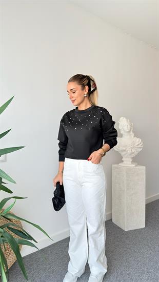 Siyah Ravev Aksesuarlı Scuba Sweat