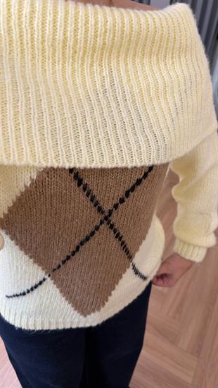 Sarı Madonna Yaka Baklava Desen Kazak