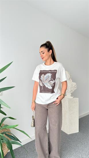 Taşlı Ve Çiçek Baskılı Tshirt