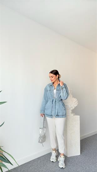 Matin Zımbalı Kuşak Detaylı Jean Ceket