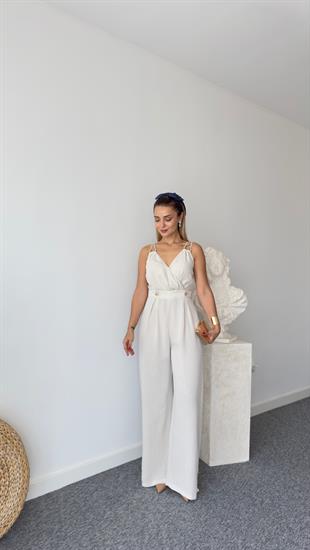 Lıu Gold Detaylı Bej Keten Tulum