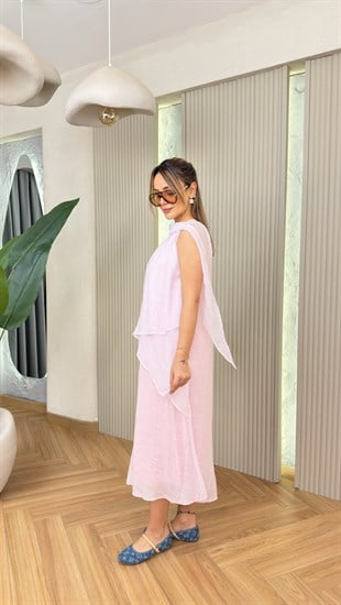 Pembe Lorisa Katlı Astarlı Elbise 