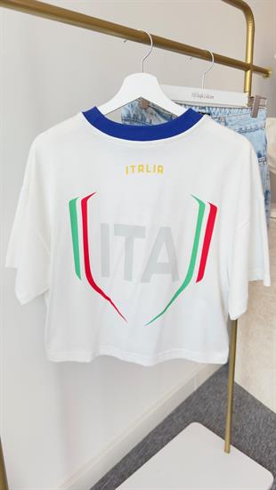 Italıa Baskı Mavi Ribanalı Beyaz Tshirt