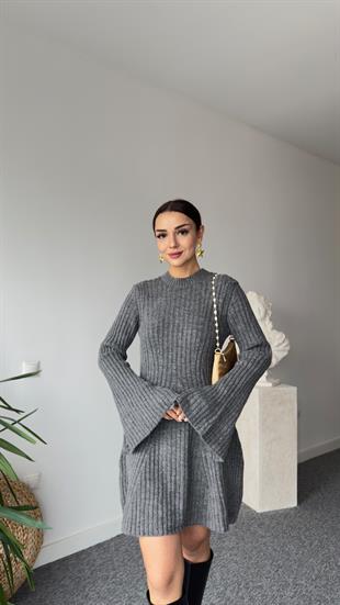 Olla Fitilli Gri Triko Elbise