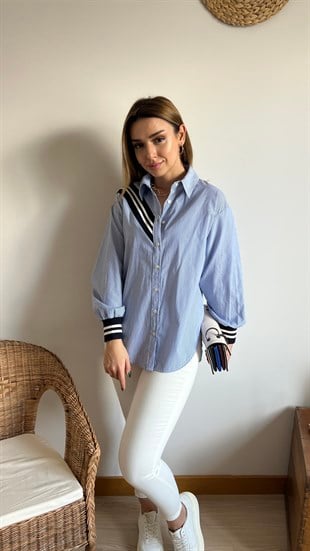Triko Garnili Çizgili Mavi Gömlek 
