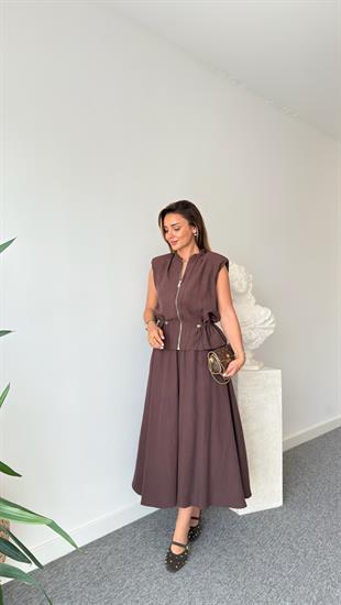 Kahve Quen Taş Detaylı Tensel Etekli Takım