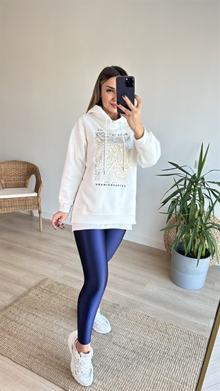 Yanları Çıtçıtlı Baskı Detay Beyaz Sweat