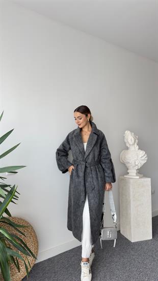 Lovi Kollar Düğme Detaylı Astarlı Gri Kaşe Kaban