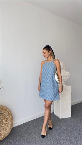 Talia Desenli Mavi Halter Yaka Elbise
