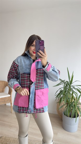 Pembe Kazayağı Desen Tasarım Kot Ceket
