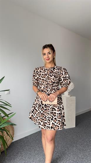 Balon Kol Önü Bağlamalı Leopar Desen Elbise