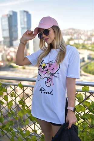 Pembe Panter Baskılı Beyaz Tshirt
