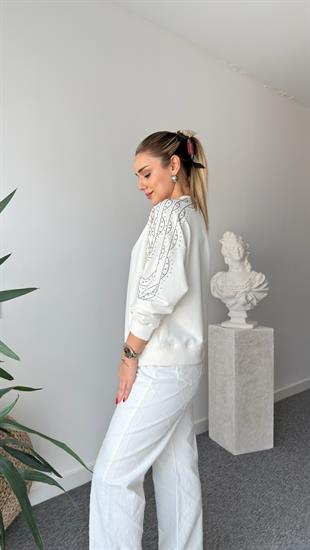 Beyaz Gausi Kollar Taşlı Sweatshirt