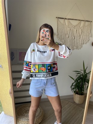 Karakter Baskı Beyaz Sweatshirt