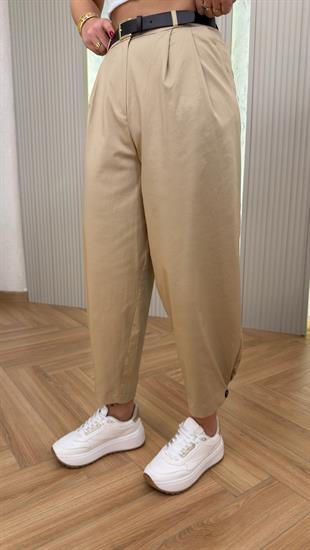 Minera Paça Düğmeli Kemerli Bej Pantolon