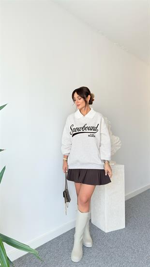 Ruzi Yaka Detaylı Yazılı Bej Sweatshirt