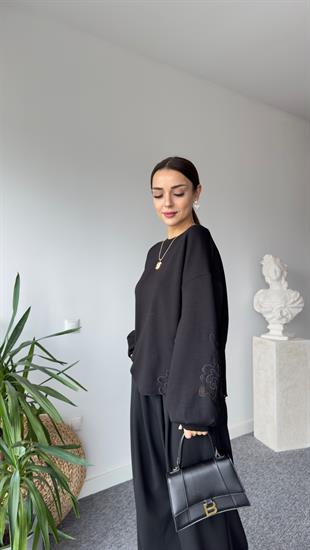 Orj Model Nakış Aplikeli Siyah Sweat