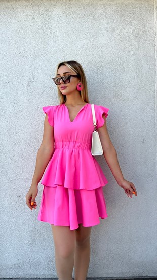 Kolları Volanlı V Pembe Yaka Elbise