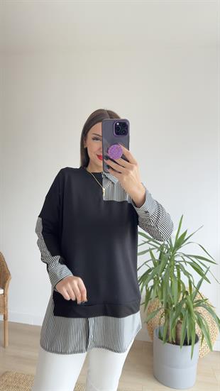 Gömlek Garnili Siyah Sweat