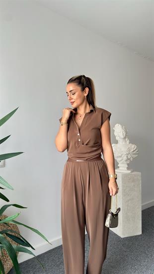 Kahve Fredi Yan Fermuarlı Bluz