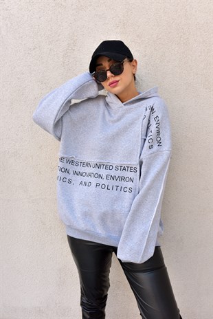 Yazı Detaylı Parçalı Gri Salaş Sweat
