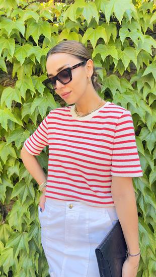 Orj Marka Kırmızı Çizgili Örme Bluz