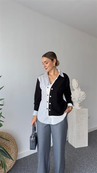 Siyah Triko Detaylı Gömlek