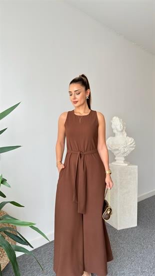 Kahve Carta Kuşaklı Bol Paça Tulum