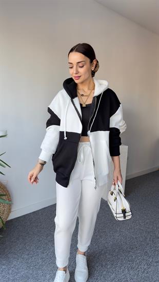 Siyah Beyaz Kapüşonlu Sweatshirt