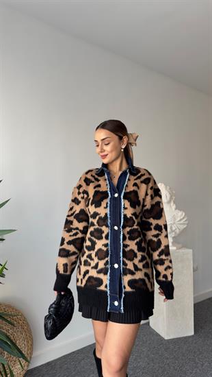 Antu Kot Detaylı Tok Doku Leopar Hırka