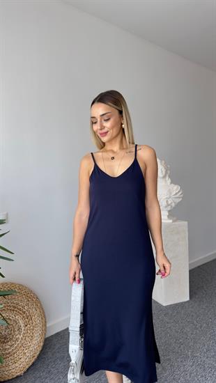Katala Yırtmaçlı Lacivert Modal Elbise 