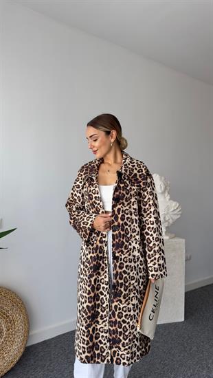 Önden Cepli Leopar Desenli Trençkot