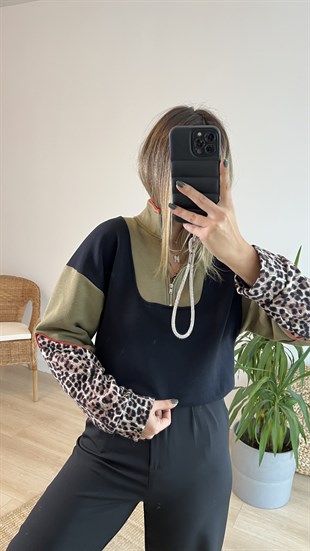 Yarım Fermuar Leopar Detay Sweat
