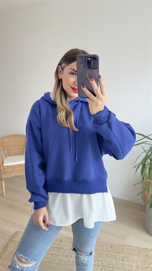 Gömlek Detaylı Mavi Kapüşonlu Sweat