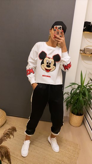 Taşlı Mickey Mouse Beyaz Sweat