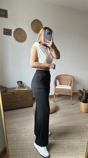 Gofre Kumaş Beli Lastikli Siyah Pantolon