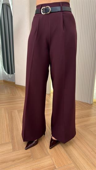 Bordo Madia Kemerli Pile Detay Pantolon