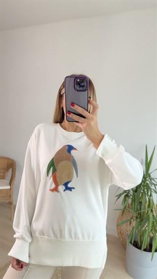 Penguen Baskılı Beyaz Sweat