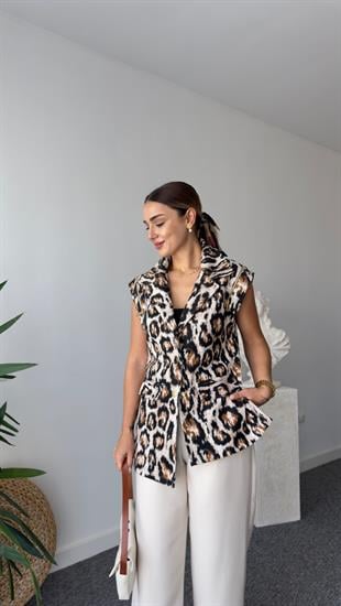Asimetrik Fermuar Detay Leopar Yelek