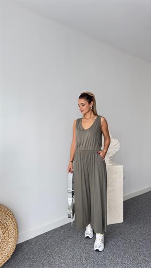 Sırt Dekolte Bel Lastikli Haki Tulum