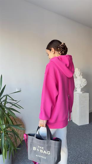 Sırt Fermuarlı Kapüşonlu Pembe Sweatshirt