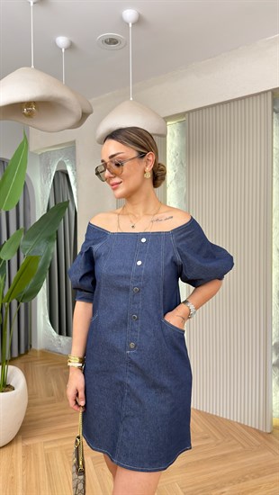 Voli Düğme Detaylı ince Jean Elbise 