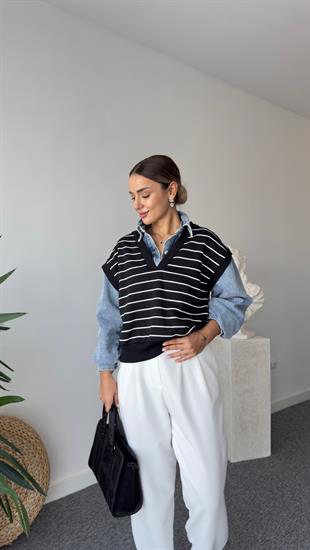 Helina Kot Detaylı Çizgili Siyah Sweatshirt